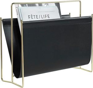 <b>Black</b> PU Leather & Stainless Steel Magazine Rack Minimalist <b>Black</b> Leather Magazine Rack With Gold Metal <b>Frame</b> - Product Image 1