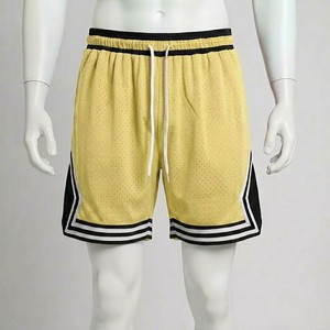 Shorts de basket-ball vintage jaunes en maille pour hommes, taille élastique avec cordon de serrage, vêtements de sport d'entraînement, bas de tenue streetwear d'été - Product Image 1