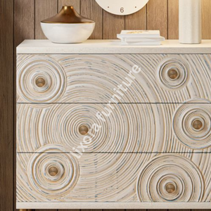 Luxury Handcrafted Solid Wood 3 Drawer Dresser Modern Concentric Circle Carving Antique White Finish - Product Image 4