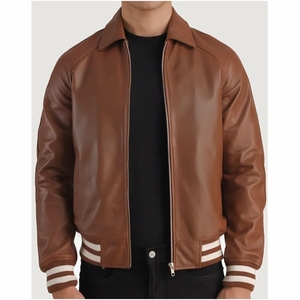 Blouson aviateur en cuir marron pour homme, manches longues, coupe-vent, style automne, design et look différents, veste respirante pour homme, en cuir. - Product Image 1