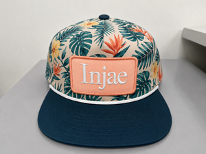 Casquettes de plage d'été Injae tendance à 5 panneaux, à visière plate, style snapback, avec patch personnalisé, motif floral tropical vintage, vente en gros - Product Image 3