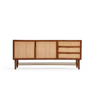 Midcentury Modern Solid Teak <b>Wood</b> <b>Living</b> <b>Room</b> <b>Cabinet</b> with Rattan Panels and Storage Compartments Modern House Villa - Product Image 1