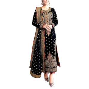 Black Embroidered Velvet Anarkali Suit Long Shirt Length Traditional Indian Pakistani Wedding <b>Dress</b> Women Formal Evening Wear - Product Image 1