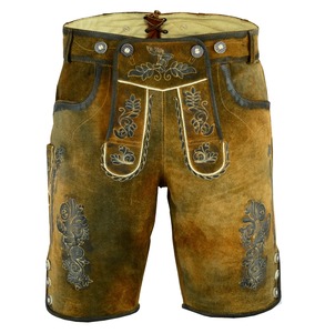 Shorts bavarois en cuir marron brodés pour homme, taille haute, motif floral, style décontracté, fermeture boutonnée - Product Image 4