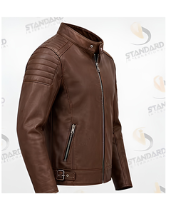 Chaqueta de Motociclista de Cuero Marrón para Hombre, Cuello Alto, Cierre de Cremallera, Corte Ajustado, Moda de Lujo, Ropa de Otoño - Product Image 4