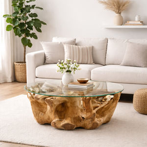 Mesa de Centro de Raíz de Teca Premium, Rústica, Moderna, Ecológica y Duradera, con Tapa de Vidrio Templado, Muebles de Sala Hechos a Mano, de Lujo - Product Image 3