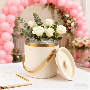 Elegant Round Ice <b>Bucket</b> <b>With</b> <b>Lid</b> Metal Double Wall Party Beverage Cooler Gold Trim Beige Exterior - Product Image 4