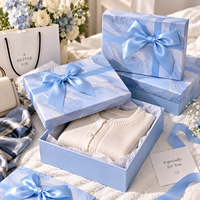 Boîte cadeau rigide en satin bleu de luxe avec nœud, réutilisable, avec couvercle et base, pour mariage, logo personnalisé, OEM, ODM