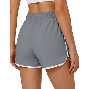 <b>Grey</b> <b>Women</b> Gym <b>Shorts</b> Polyester Contrast Trim Yoga <b>Shorts</b> with Drawstring Side Pocket Quick Dry Breathable Running <b>Shorts</b> - Product Image 3
