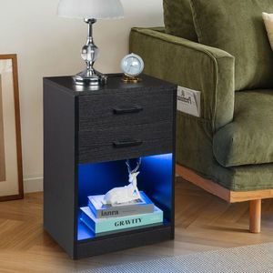 FCH 40*35*60cm <b>Black</b> <b>Bedside</b> <b>Table</b> with LED Light Particleboard Pasted Triamine Two Drawers and Socket - Product Image 1
