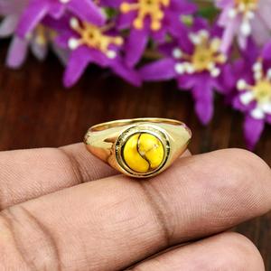 แหวนตราประทับลายดอกดาเลียสีฟ้าเทอร์ควอยซ์ ทอง 14K เวอร์เมล แหวนสไตล์โบโฮ เครื่องประดับทำมือ - Product Image 4
