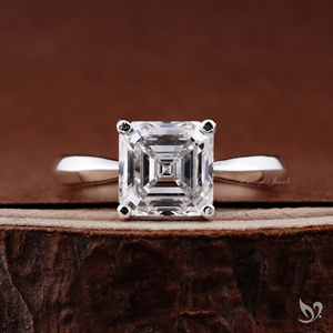 Bague de fiançailles de luxe géométrique en or blanc 10K avec diamant de laboratoire taille Asscher de 3,0 carats et tige cintrée - Product Image 1