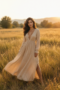 Robe longue fendue élégante de soirée à volants légers et taille smockée, personnalisable pour marque, vente en gros - Product Image 1