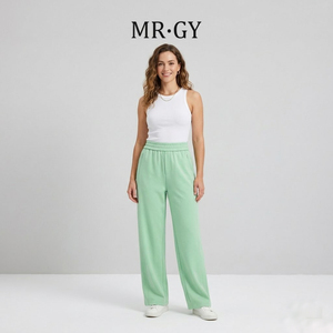 Pantalon décontracté pour femme à taille haute élastique, respirant, uni, coupe ample, jambe large et droite, idéal pour le printemps et le quotidien - Product Image 3