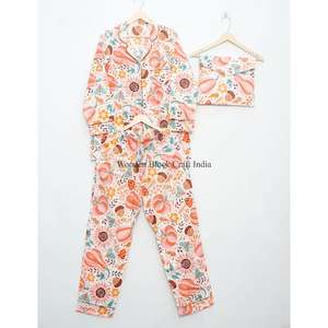 ชุดนอนผ้าฝ้ายทำมือสำหรับผู้หญิง 3 ชิ้น ดีไซน์หรูหรา สวมใส่สบาย ลายพิมพ์บล็อก คอปก ชุดนอนขายส่ง เหมาะสำหรับฤดูร้อน ฤดูใบไม้ร่วง ฤดูใบไม้ผลิ - Product Image 3