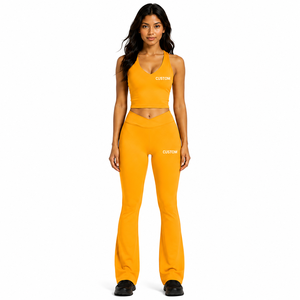 Conjunto de Yoga Naranja para Mujer: Top Corto Racerback con Cuello en V y Pantalones Acampanados de Cintura Alta, Ropa Deportiva Elástica Personalizada para Gimnasio y Fitness al por Mayor - Product Image 1