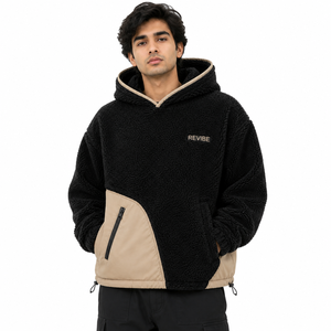 Custom Mens Black <b>Sherpa</b> Fleece Hoodie Oversized Warm Winter Pullover with Pockets OEM Clothing Supplier - Product Image 1