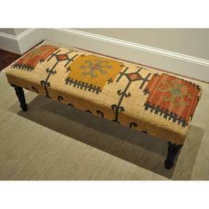 Banco Kilim de Yute y Lana Hecho a Mano con Patas de Madera Maciza – Banco Otomano Tapizado de Lujo - Product Image 2