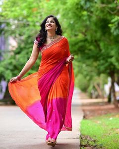 AARA Fashion - Sari Tradicional de Seda para Mujer, Color Naranja Rosado, Bordado, Largo hasta el Suelo, Estilo Indio-Pakistaní, Corte Regular, para Bodas - Product Image 3