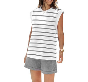 Conjunto de Top sin Mangas a Rayas para Mujer con Pantalones Cortos Grises, Estilo Casual Holgado, Cuello Redondo, Tejido de Algodón, Atuendo de Verano - Product Image 4