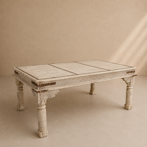 Mesa de Centro de Madera Tallada a Mano Estilo Rústico, Muebles de Salón Estilo Granja Antigua con Detalles Metálicos - Product Image 1