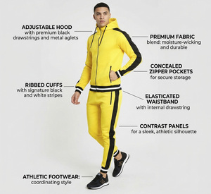 Ensemble de survêtement jaune à capuche pour homme, manches longues, couleur unie, respirant, en polyester, tenue décontractée d'automne, coupe classique - Product Image 1