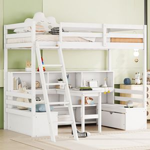 Letto a soppalco singolo bianco con ripiani portaoggetti, cassetti e scrivania - Prodotto per letti per bambini - Product Image 2
