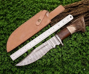 Cuchillo de Hoja Fija de Acero de Damasco Hecho a Mano con Punta Caída, Mango de Madera, Funda de Cuero, para Caza, Supervivencia al Aire Libre, Bricolaje, Grado DIY, 12 Pulgadas - Product Image 6