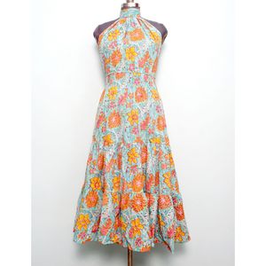 Belle robe trapèze moderne en coton à imprimé floral bohème, col rond, longueur genou, imprimée au bloc, pour fêtes d'été et printemps-été - Product Image 1