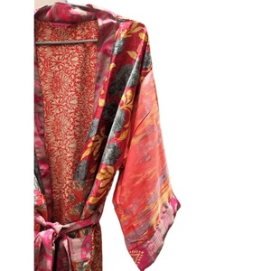 Vestido Kimono Floral Vintage de seda India para mujer, ropa de verano de playa Bohemia Hippie con cierre de cintura elástica, bata Kimono - Product Image 4