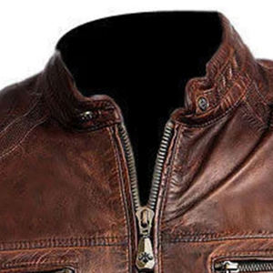 Men's Genuine Leather Motorcycle Jacket Stand Collar Zipper Closure Moto Style Autumn Slim Fit Brown - Product Image 2