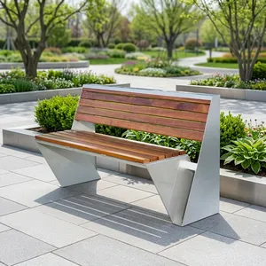 Modern Outdoor Garden <b>Bench</b> with Wooden Slat Seat Backrest and Silver Metal Frame for Park Patio Lawn Public Seating - Product Image 6