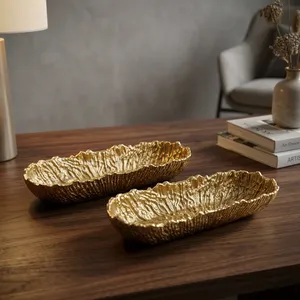 Plat de service décoratif de luxe en aluminium doré, en forme de bateau, texturé, motif feuille de chou, pour fruits, centre de table, décoration intérieure - Product Image 4
