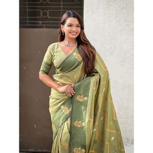 Sari de Seda Suave Verde Pista de Elite Weaves, Diseño Zig Zag con Bordado Zari, Vestidos Elegantes de Noche - Product Image 2