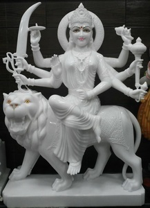 Diosa Durga Maa Idol, diosa de mármol blanco indio, colorido Murti sonriente sentado en el león, PARA ADORACIÓN decorativa con la mano - Product Image 4