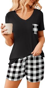 Ensemble deux pièces décontracté pour femmes, haut à manches courtes et col en V avec poche à carreaux et short assorti, coupe ample, pour toutes les saisons - Product Image 3