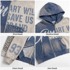 Sudadera con capucha personalizada para hombre con cremallera, estilo oversize de algodón, streetwear, vintage, patchwork, corta, holgada, con pedrería - Product Image 3