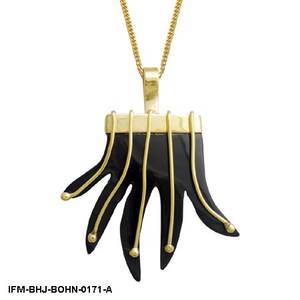 Colgante de Palma de Cuerno Negro Hecho a Mano con Diseño de Líneas Simbólicas en Alambre de Latón y Cadena de Latón Resistente al Deslustre de Longitud Opera - Product Image 2