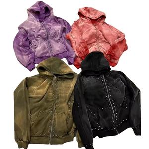 Sudadera con capucha personalizada de algodón 100% de alto gramaje con cremallera bidireccional y diseño desgastado por el sol para mujer y hombre, con logo frontal y cuello con capucha. - Product Image 1