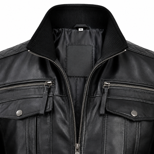 Veste de moto pour homme en cuir véritable imperméable et respirante, col montant, fermeture éclair, poches, coupe ajustée, longueur normale, noir - Product Image 4