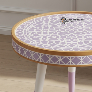 Lavender Meena Pattern Wooden <b>Stool</b> – Handcrafted <b>Round</b> Decorative Accent <b>Stool</b> for Living Room & Bedroom - Product Image 3