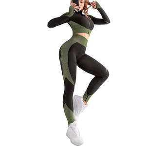 Two Piece Yoga Set High Waist Full Length Leggings Racerback Square Neck Crop <b>Top</b> Color Blocking Seamless Eco-Friendly Spandex - Product Image 1