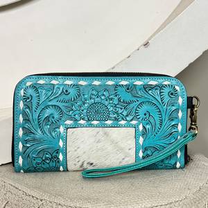 2026 Stylish Hand Tooled Genuine Cowhide Fur Leather Women <b>Zip</b> Clutch Purse Card Holder Travel Multi Uese Western <b>Wallet</b> - Product Image 3