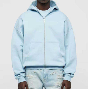 Sudadera con Capucha Azul Claro, Cierre de Cremallera, Corte Holgado, Algodón Grueso, Felpa Francesa, Estilo Casual para Otoño - Product Image 5