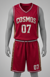 Ensemble de maillot de basket-ball sublimé rouge pour homme Cosmos, col en V, sans manches, short à cordon de serrage, évacuation de l'humidité, coupe athlétique - Product Image 2
