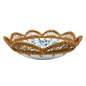 Handmade Round <b>Ceramic</b> <b>Serving</b> Dish with Black Lotus Pattern and Eco-friendly Rattan Woven Scallop Edge for Home Dining Parties - Product Image 2