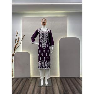 BORDADO HILO RAYON MODA TRABAJO KURTI CON PALAZZO MARRÓN - Product Image 2