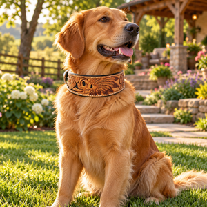 Collar de cuero repujado con plumas de calavera para perro, acolchado, estilo western, tallado a mano |   Collar Canino Ajustable de Alta Resistencia con Hebilla - Product Image 4