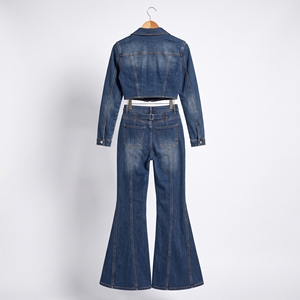 <b>Womens</b> <b>Blue</b> Denim Two Piece Set Cropped Asymmetric Zip Jacket Flared <b>Jeans</b> Double Buckle Belt Custom OEM ODM Wholesale Supplier - Product Image 6