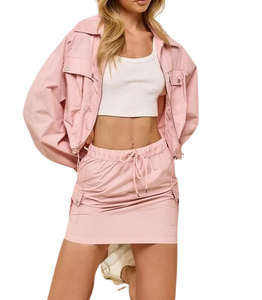 Ensemble décontracté rose en polyester pour femme : veste et jupe avec fermeture éclair, col rabattu, coupe ample, idéal printemps-été - Product Image 1